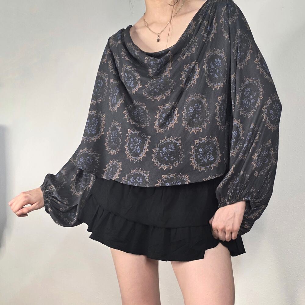 Free People Cowl Neck Blouse XS Whimsigoth Dark Floral Oversized Ballon Sleeve